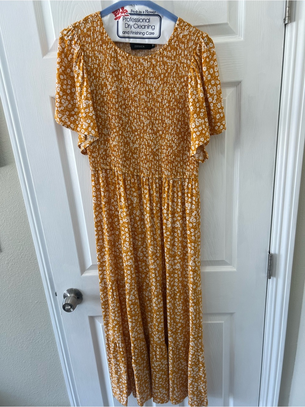 Smocked Yellow Floral Maxi Dress by ZESICA